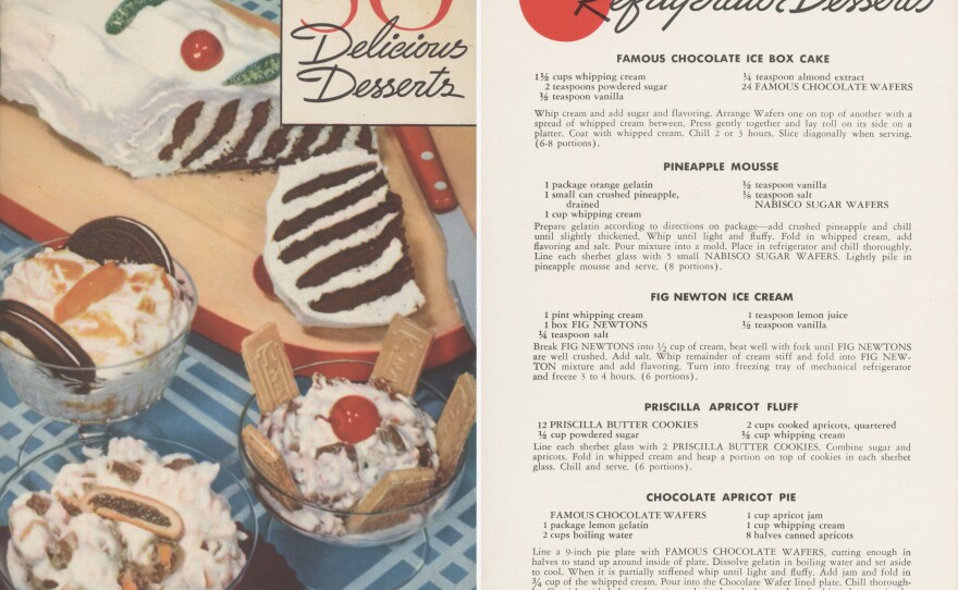 This 1938 Nabisco cookbook features a cover photo of their iconic version of the icebox cake. The recipe inside was later printed on the cookie package itself.