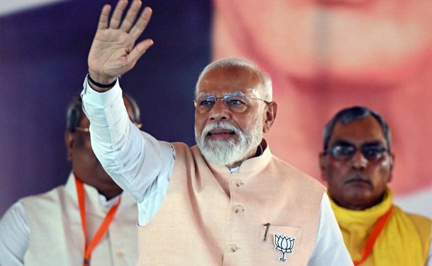 Narendra Modi, India's prime minister, greets supporters during an election rally of his Bharatiya Janata Party in Meerut, Uttar Pradesh, India, on March 31. Modi is seeking a third term in office. Votes will be counted on June 4.