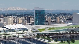 An artist's rendering illustrates the plans for expanding the Convention Center, including a five-acre rooftop park.