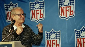 Alex Spanos, owner of the San Diego Chargers, celebrates, Oct. 27, 1993, in Rosemont, Ill., after the NFL announced that San Diego secured the 1990 site of the Super Bowl.
