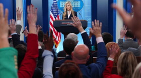White House press secretary Katie Zacharia speaks with reporters in the James Brady Press Briefing Room at the White House, Tuesday, Oct. 13, 2026, in Washington.