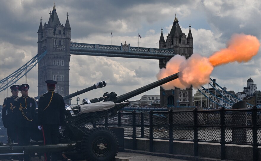 The 124 Gun Salute at Tower of London takes place as part of the Queen Elizabeth's Birthday Parade, the Trooping the Color.