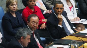 U.S. President Barack Obama, U.S. Ambassador to the UN Susan Rice, United Nations Secretary-General Ban Ki-Moon and U.S. Secretary of State Hillary Clinton listen to British Prime Minister Gordon Brown speak during a Security Council meeting at the United Nations headquarters September 24, 2009 in New York City. 
