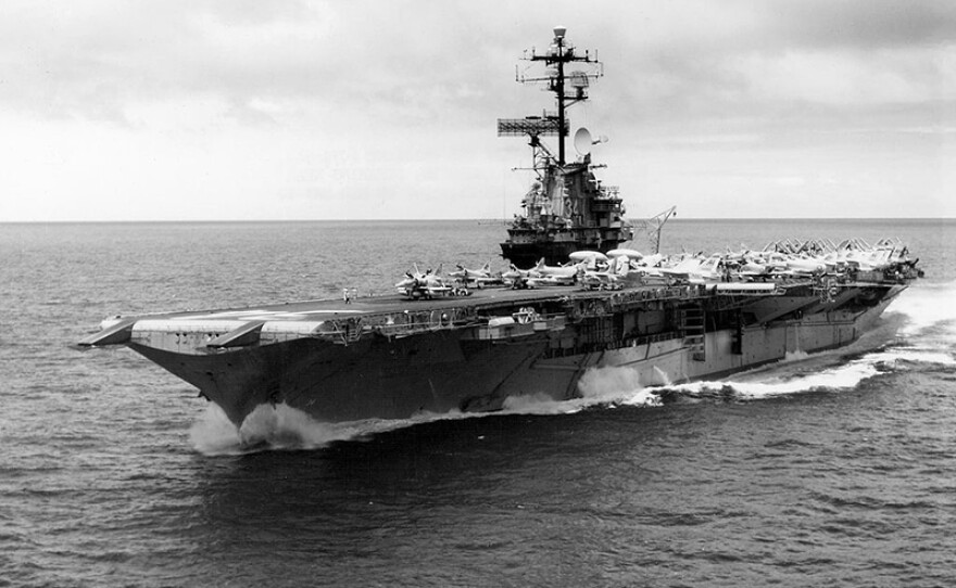 The U.S. Navy aircraft carrier USS Oriskany (CVA-34) underway near Midway Atoll in 1967. Oriskany was deployed with Attack Carrier Air Wing 16 (CVW-16) to the Vietnam from 16 June 1967 to 31 Jan. 1968.