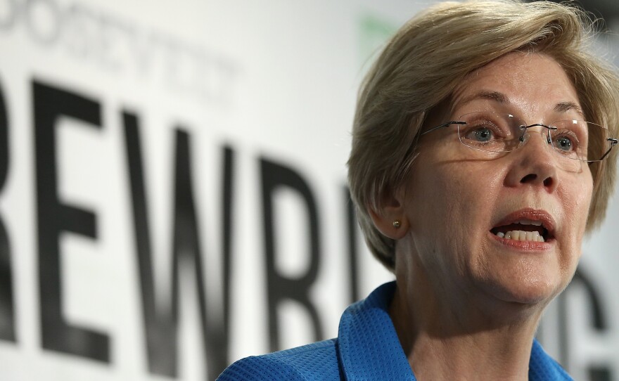 Sen. Elizabeth Warren (D-MA) speaks at the Roosevelt Institute May 12, 2015 in Washington, DC.