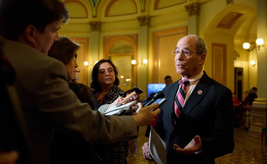 State Sen. Roger Niello holds a news conference in the rotunda of the state Capitol in Sacramento on March 13, 2025. Niello requested more transparency from Gov. Newsom as to why the state needs $3.5 billion to keep Medi-Cal solvent.