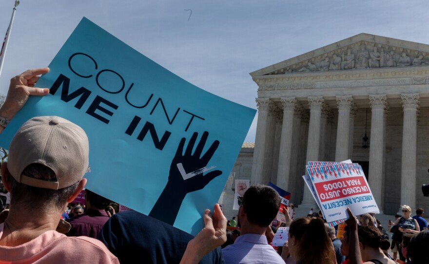 Protestors holding signs about the 2020 census gather outside the Supreme Court in Washington, D.C. in 2019.