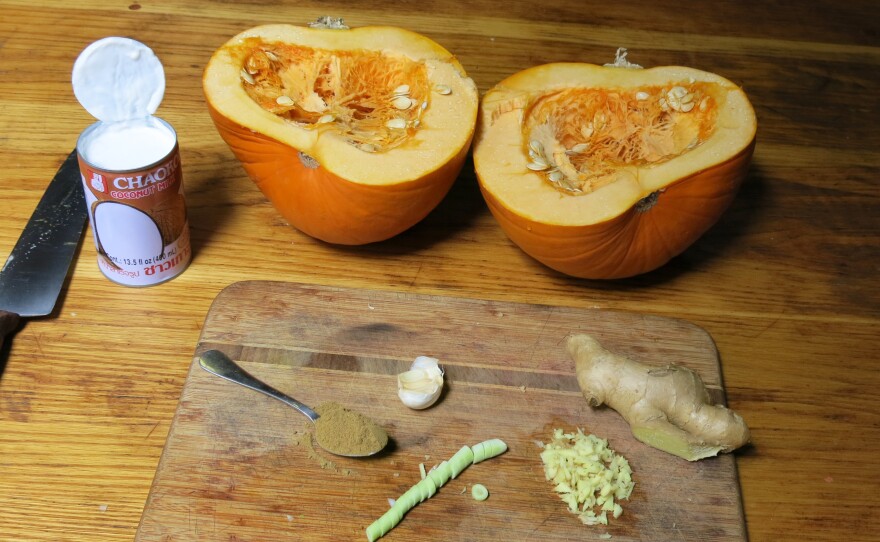 Prepping a Howden pumpkin – the most common variety for decorative uses — for soup.