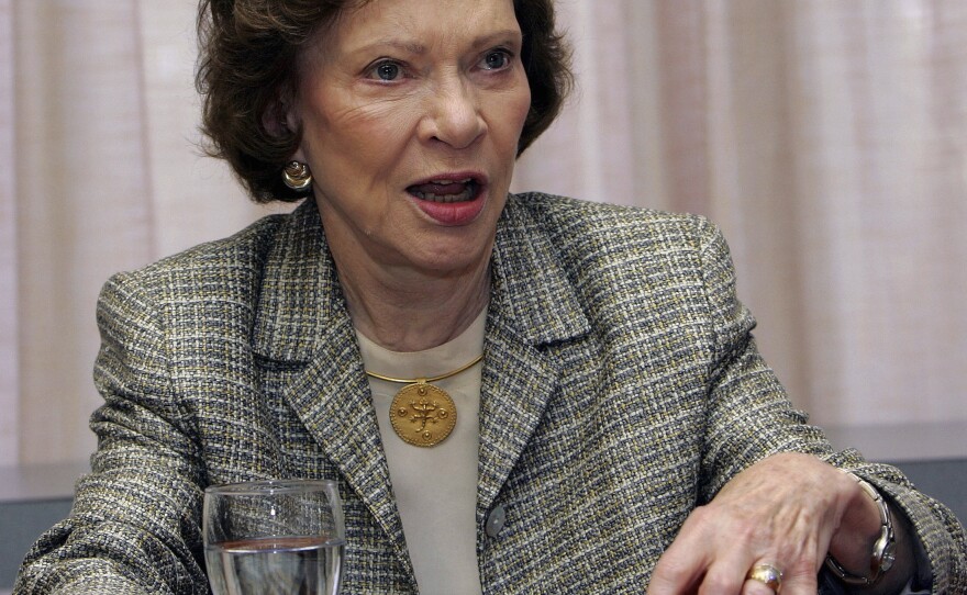 Former first lady Rosalynn Carter discusses a report on mental health and addiction during the 21st annual Rosalynn Carter Symposium on Mental Health Policy at the Carter Center, Nov. 3, 2005, in Atlanta. The advocacy of Carter, who died Nov. 19 at age 96, created a framework for much of the progress on mental illness in America.