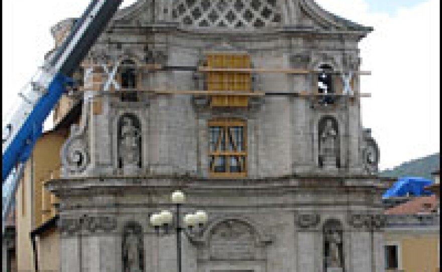 Restoration work continues on the Church of the Anime Sante in L'Aquila's historic city center. The April earthquake destroyed the church's cupola.