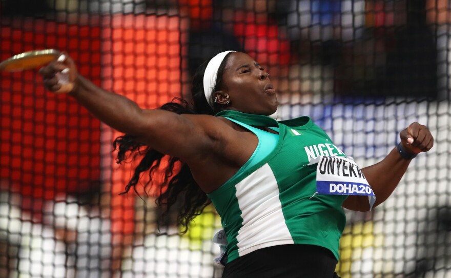 Chioma Onyekwere of Nigeria, shown competing in the Women's Discus qualification of the World Athletics Championships Doha 2019 in Qatar, was one of 10 Nigerians disqualified from the Tokyo Games.