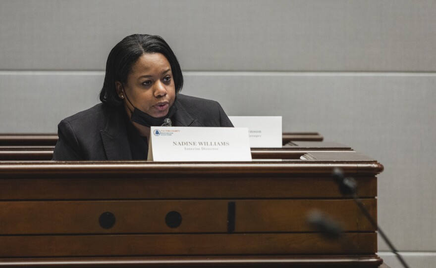 Nadine Williams, interim elections director for Fulton County, speaks during the Board of Registration and Elections meeting at Assembly Hall in Atlanta on July 14.