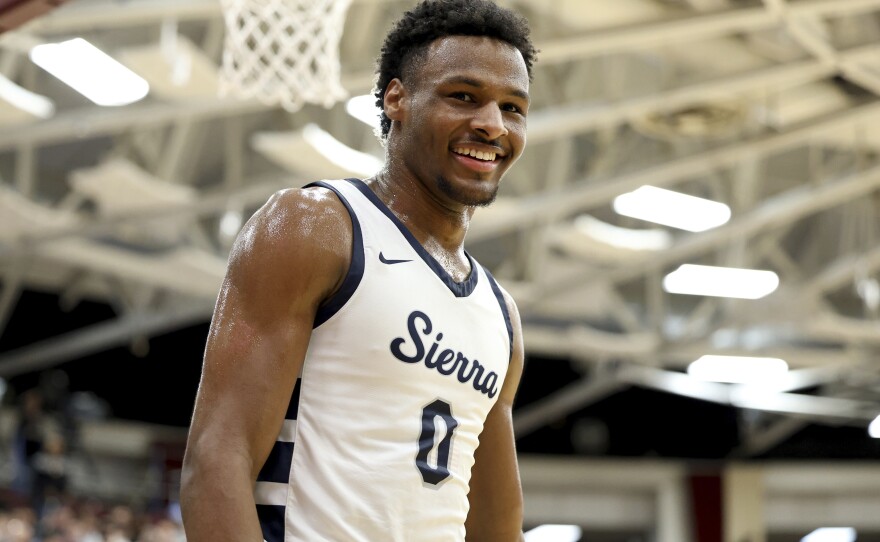Bronny James during a high school basketball game in January 2023. James was hospitalized in Los Angeles after he suffered a cardiac arrest during practice Monday.