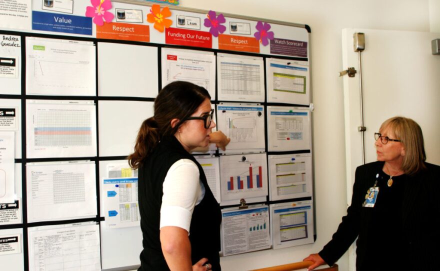 Lydia Rogers, supervisor of patient care, and Ingrid Hassani, patient care manager at Scripps Memorial Hospital in La Jolla explain how to prevent delays in patient discharges, which affect quality scores that earned it Medicare's five star ratings, Aug. 3, 2016.