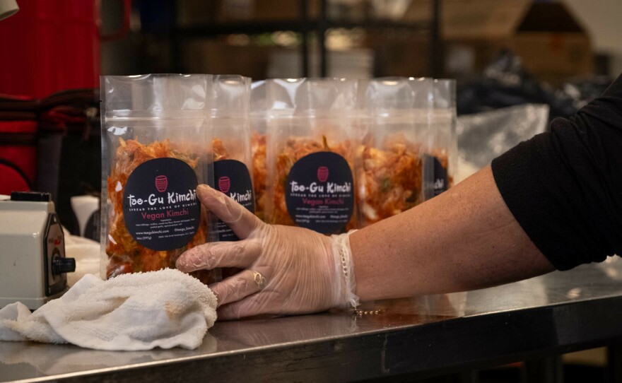 The packaged kimchi will continue to ferment in the weeks after it is made.