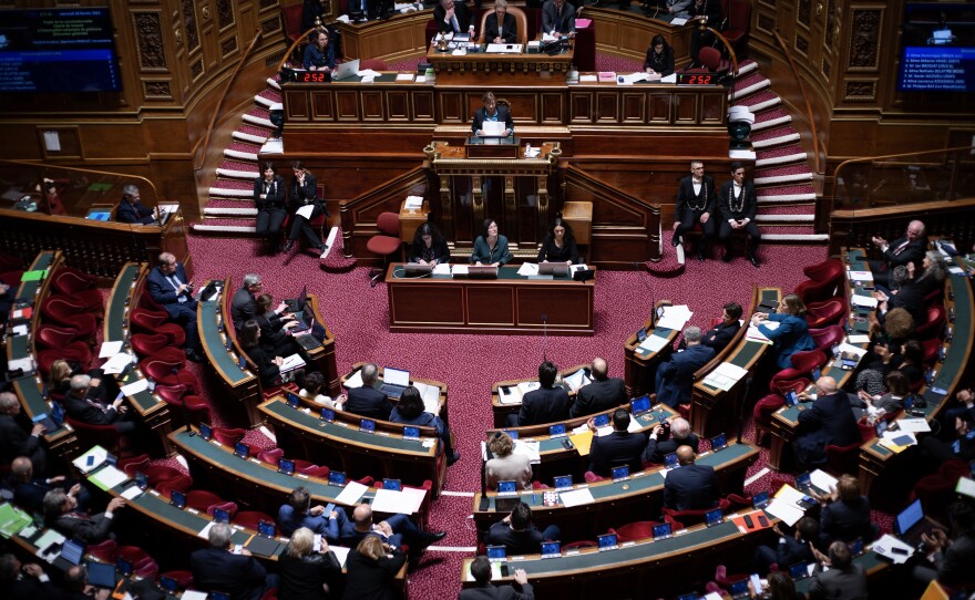 View of the hemicycle of the French Senate in Paris during the debate on enshrining abortion in the constitution, on Feb. 28.