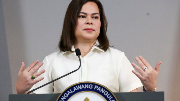 FILE -Philippine Vice President Sara Duterte gestures as she speaks during a press conference in Manila, Philippines on Friday, Feb. 7, 2025.