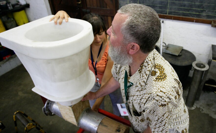 In a toilet that Chris Buckley has worked on for the Gates Foundation Reinvent the Toilet Challenge, feces would be forced through the piston rod, assuming a spaghetti shape for ease of drying.