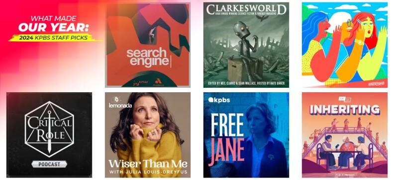 Clockwise from left: Search Engine, Clarkesworld, Normal Gossip, Inheriting, Free Jane, Wiser Than Me and Critical Role