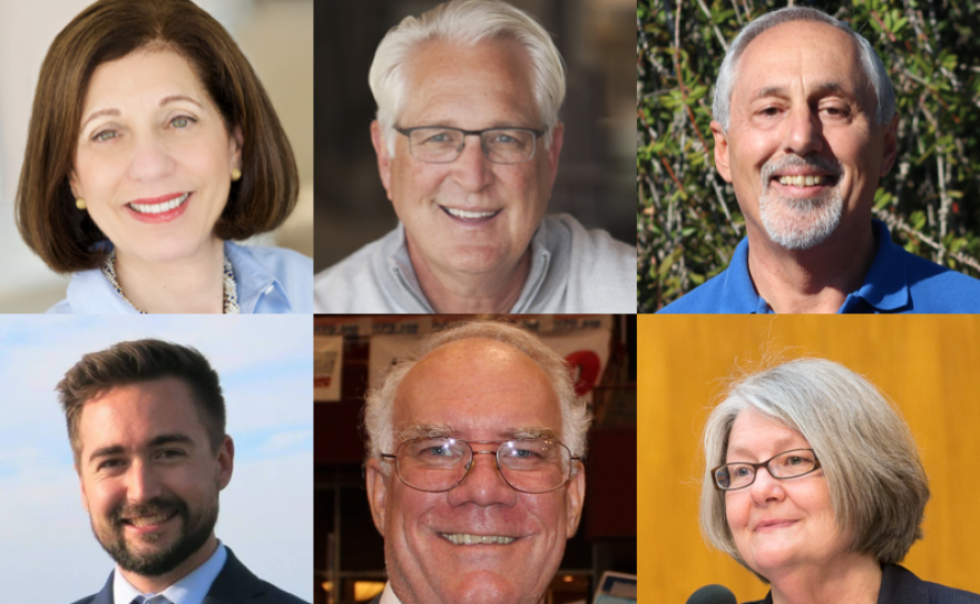 The candidates and incumbent in City Council District 1. Clockwise from upper left: Barbara Bry, Ray Ellis, Louis Rodolico, Kyle Heiskala, Bruce Lightner and Sherri Lightner.