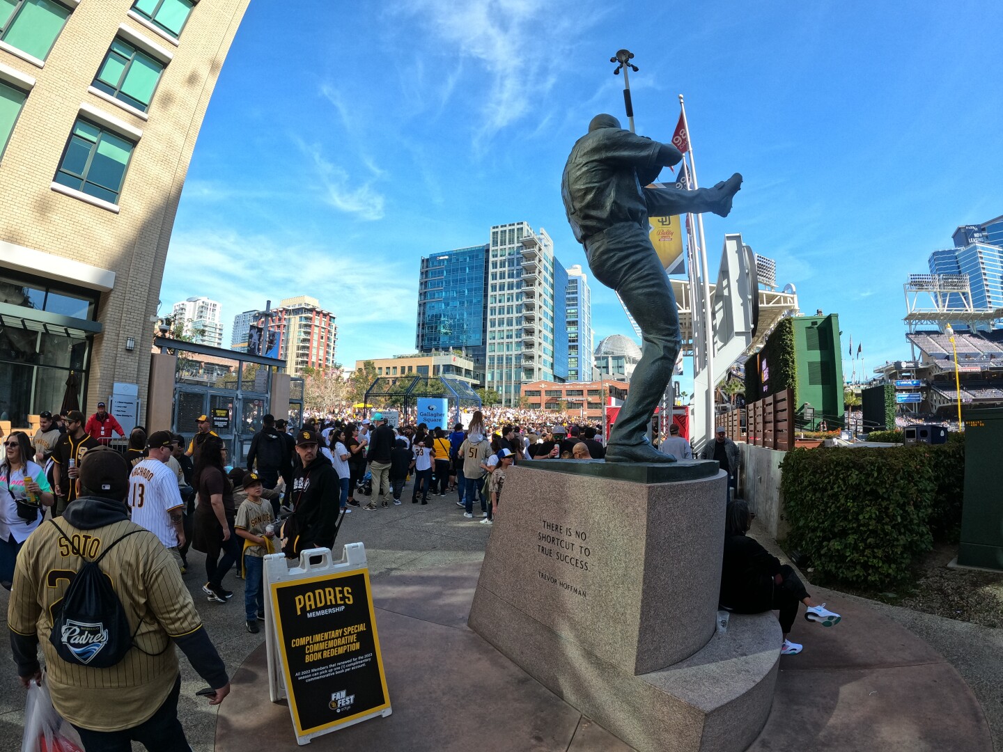 A statue at Petco Park depicts former San Diego Padres pitcher and Major League Baseball Hall of Fame inductee Trevor Hoffman.