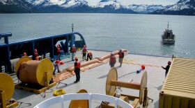 Trainees with Royal Dutch Shell learn to deploy oil spill booms in the waters near the port of Valdez in Alaska. The company is training about 200 spill responders.