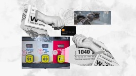 An undated photo illustration depicting two hands holding a credit card with images of tax forms and gas pumps in the background