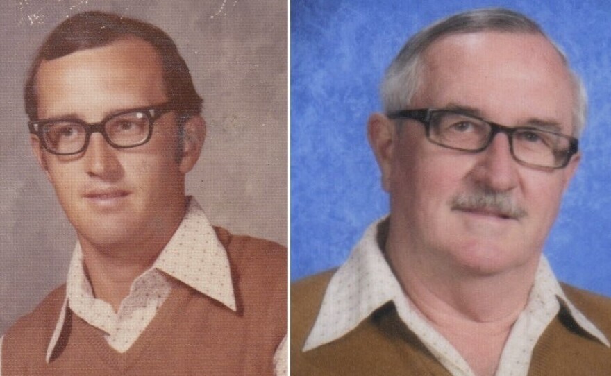 Dale Irby in 1973 (left) when his streak began, and in 2012, when the last of his 40 wonderful school photos was taken.