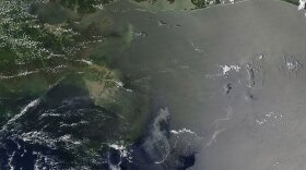 A satellite image taken Thursday shows the oil that has permeated the Gulf of Mexico.