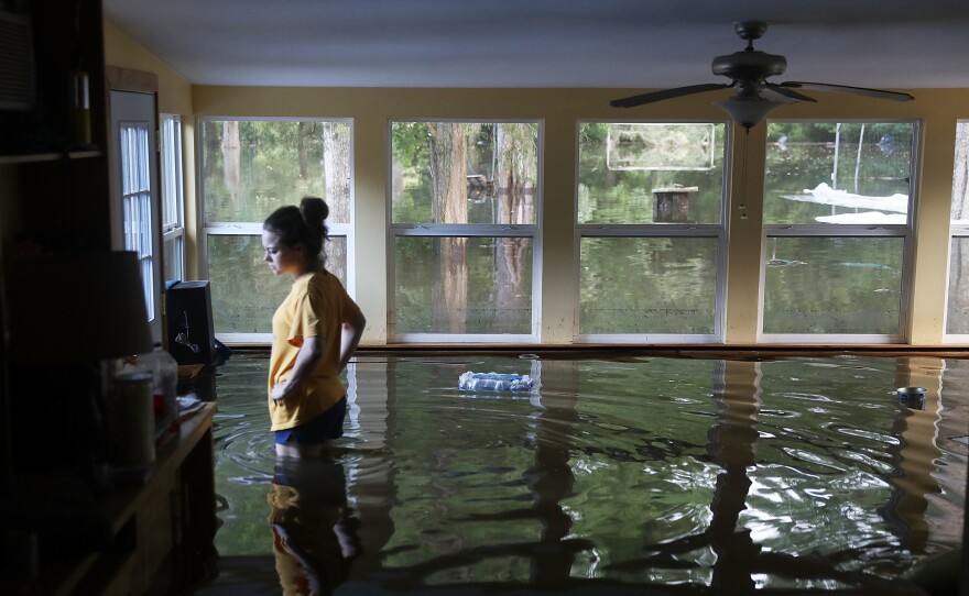 Leslie Andermann Gallagher surveys the flood damage to her home in Sorrento, La., on Wednesday.