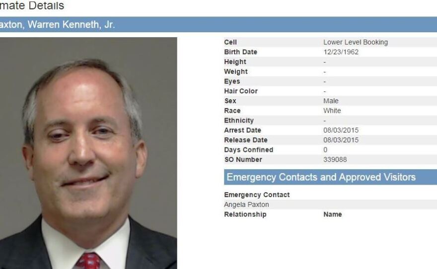 Attorney General Ken Paxton was booked on three felony securities fraud charges in Texas Monday morning.