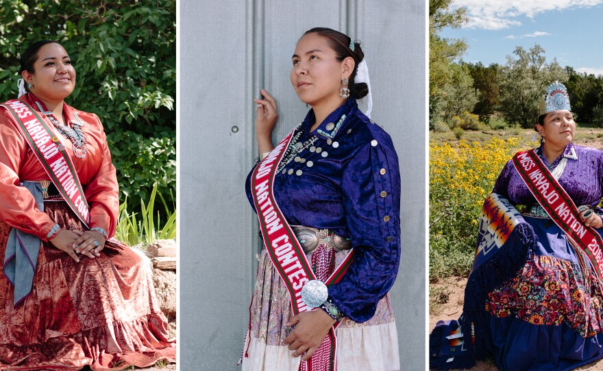 Miss Navajo Nation contestants (from left) Kayla Martinez, 23, of Window Rock, Ariz.; Summer Jake, 25, of Goat Springs, Ariz.; and Autumn Montoya, 21, of Torreon, N.M.