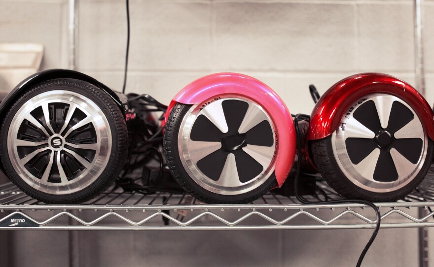 Researchers at the National Product Testing and Evaluation Center investigate a wide array of products, including lithium-ion batteries (top left) from defective "hoverboard" scooters (bottom). They use a giant CT scanner to make high-resolution 3-D images and analyze products, such as cell-phone charging cords (top right).