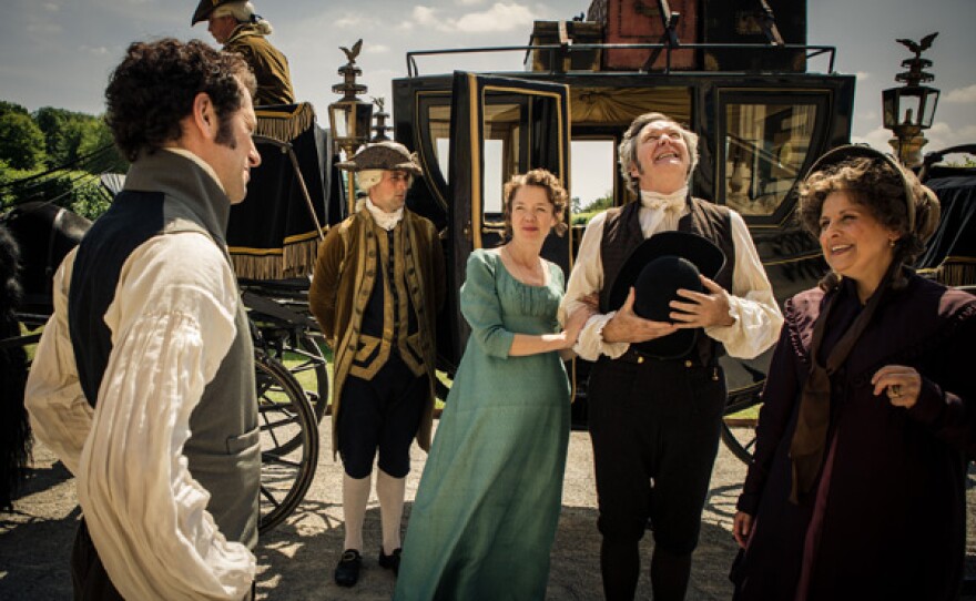 Matthew Rhys as Darcy, Anna Maxwell Martin as Elizabeth Darcy, James Fleet as Mr. Bennet and Rebecca Front as Mrs. Bennet.