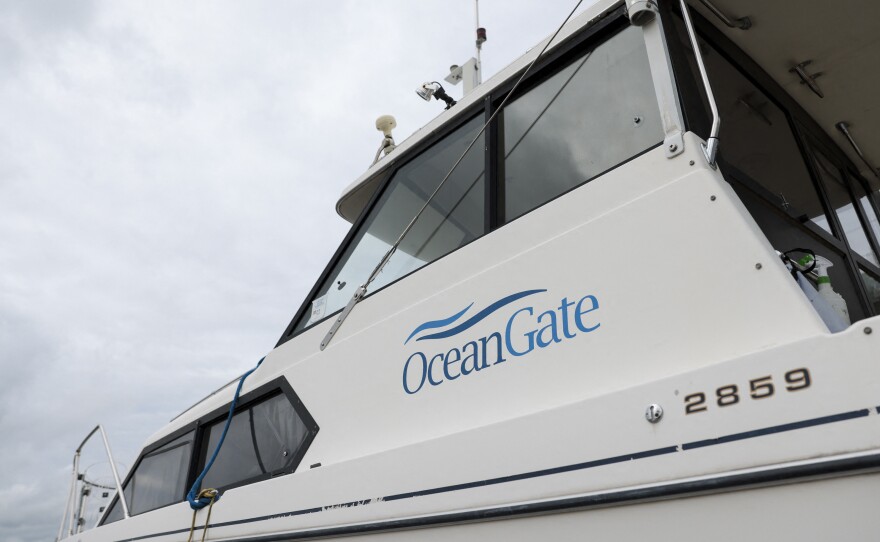 The OceanGate logo is pictured on a boat at the Port of Everett Boat Yard in Everett, Wash., on Tuesday.