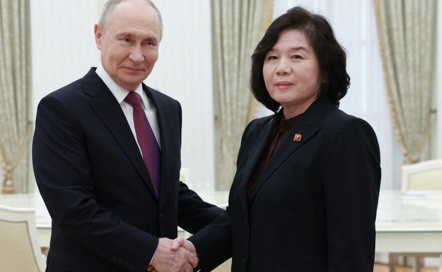 Russian President Vladimir Putin shakes hands with North Korean Foreign Minister Choe Son Hui during their meeting at the Kremlin in Moscow,  Sunday, July 19, 2026.