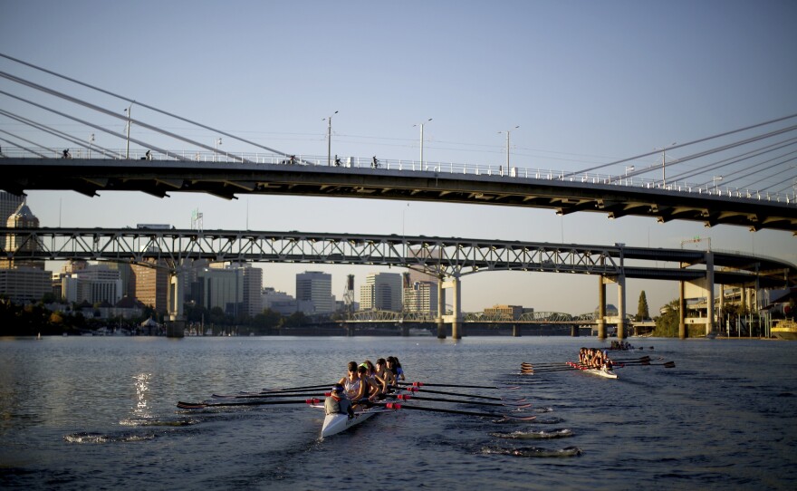 Rose City Rowing Club under Tilikum Crossing, Bridge of the People, in Portland.