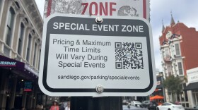 A "Special Event Zone" sign is attached to a light pole in San Diego's Gaslamp Quarter, Aug. 15, 2025.