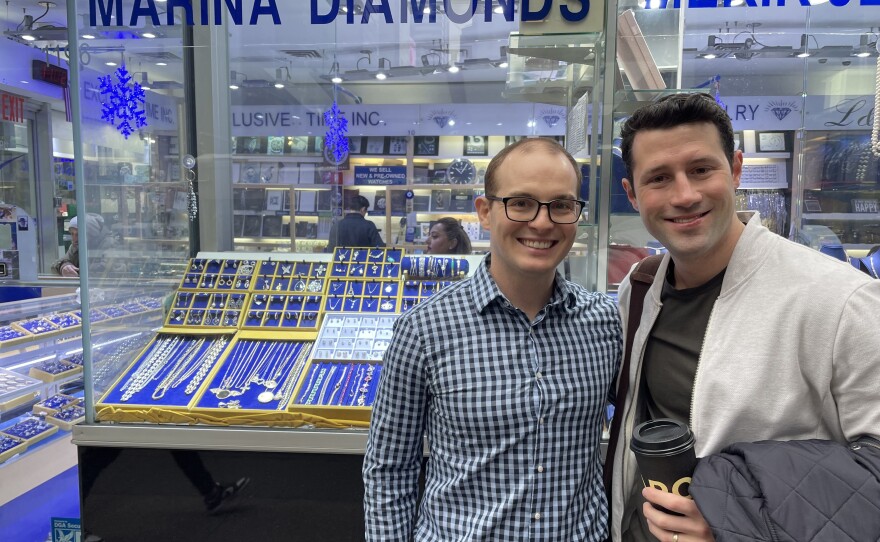 Andrew Wolgemuth and Brian Elliot, posing in Manhattan's Diamond District.