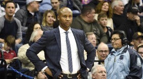 San Diego head coach Lamont Smith looks on during the first half of an NCAA college basketball game against Gonzaga Thursday, Feb. 22, 2018