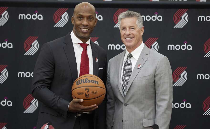 Chauncey Billups, left, poses with Portland General Manager Neil Olshey after Billups was announced as the head coach of the Portland Trail Blazers at the team's practice facility on June 29, 2021.