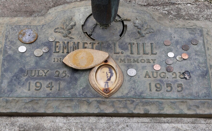 The grave marker of Emmett Till is seen in 2015 at the Burr Oak Cemetery in Alsip, Ill.