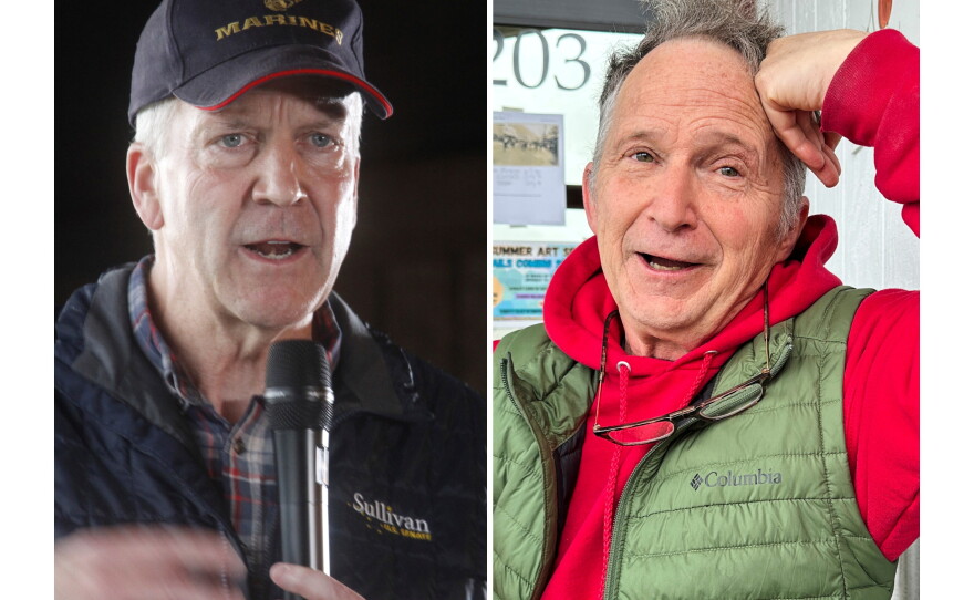 This combination photo shows Sen. Dan Sullivan, R-Alaska, left, in Palmer, Alaska, Aug. 17, 2026, and a candidate in Alaska's Senate race, Dan Sullivan, right, in Petersburg, Alaska, July 3, 2026.