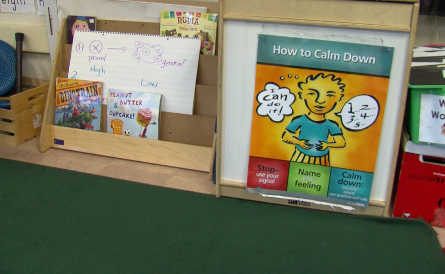 A poster in a San Diego Cooperative Charter School elementary classroom shows students how to calm down, May 24, 2017.