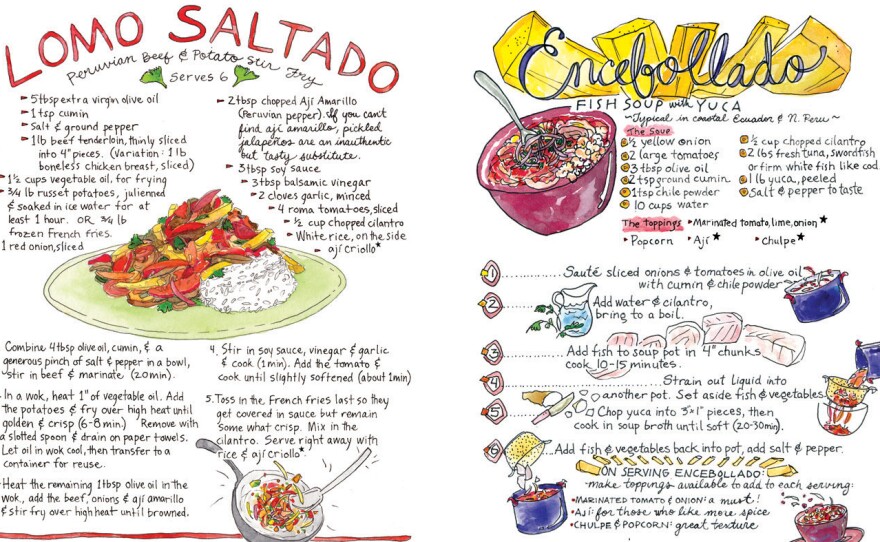 Illustrated recipes for lomo saltado, a Peruvian beef and potato stir fry, and encebollado, a fish soup with yuca that is typical in coastal Ecuador and northern Peru.