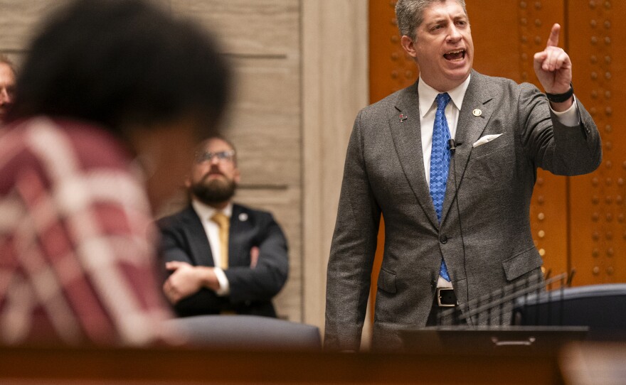 Missouri state Senator Bill Eigel, a Republican, gestures as he debates with Republican Missouri Senate Floor Leader Cindy O'Laughlin, not pictured, during session on Thursday, Jan. 25, 2024, in Jefferson City.