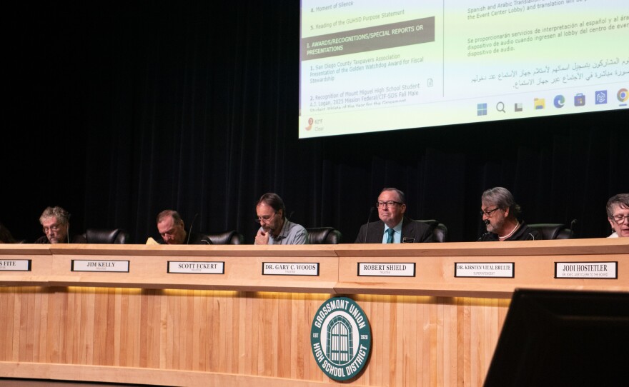 Grossmont Union High School District trustees gather for their regular board meeting on Jan. 15, 2026.