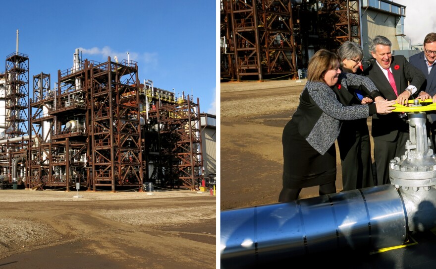 (Left) The Shell Quest Carbon Capture and Storage project near Fort Saskatchewan, Alberta. It's designed to capture about one-third of emissions from a plant that upgrades bitumen from oil sands to synthetic crude oil. (Right) Dignitaries, including Royal Dutch Shell CEO Ben van Beurden (center), turn a ceremonial valve to mark the official operation of the Quest project.
