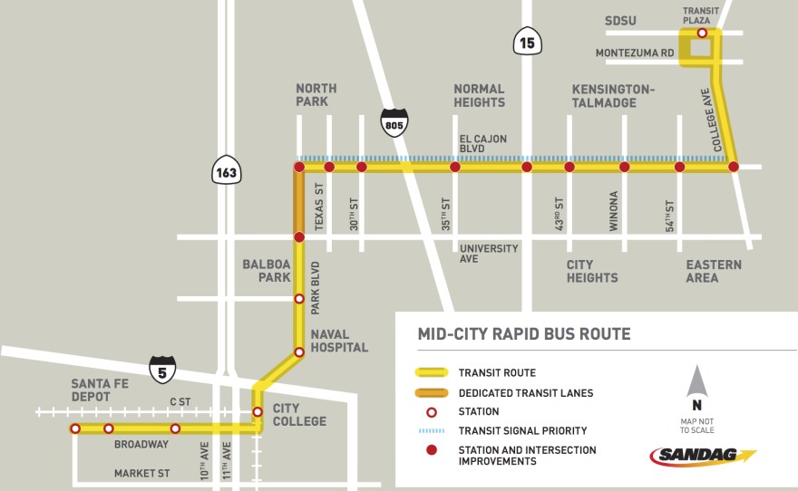 The Mid-City rapid bus line will connect San Diego State University to downtown via El Cajon and Park boulevards.