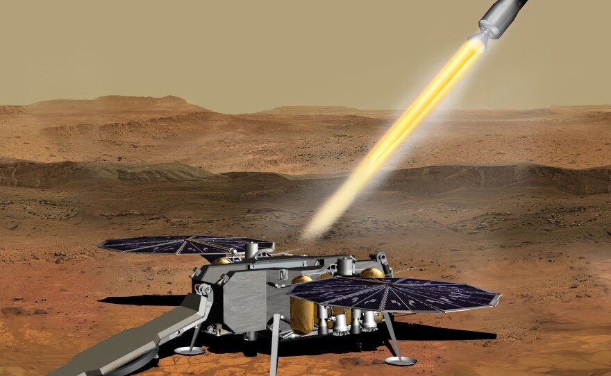 This conceptual illustration shows a container carrying rock samples blasting off the surface of Mars.
